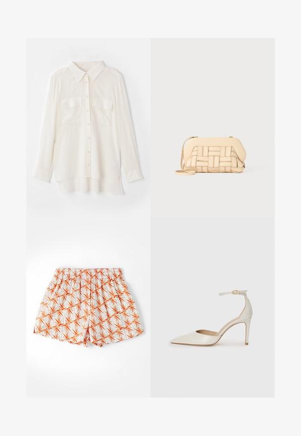 Biała koszula zapinana na guziki wykonana z lekkiego materiału. Posiada klasyczny kołnierzyk, dwie kieszenie na piersiach oraz nieco dłuższy tylny brzeg.; Białe szorty w pomarańczowy wzór liści palmowych, z elastycznym paskiem w talii i luźnym krojem. Wykonane z lekkiego materiału, idealne na ciepłe dni.; Białe skórzane szpilki z ostrym noskiem, paskiem wokół kostki i cienką szpilkową obcasem. Gładka faktura z subtelnym połyskiem.; Tkaniana beżowa torebka o ustrukturyzowanym designie, z gładką górą i długim paskiem. Teksturowane detale podkreślają ogólny wygląd.
