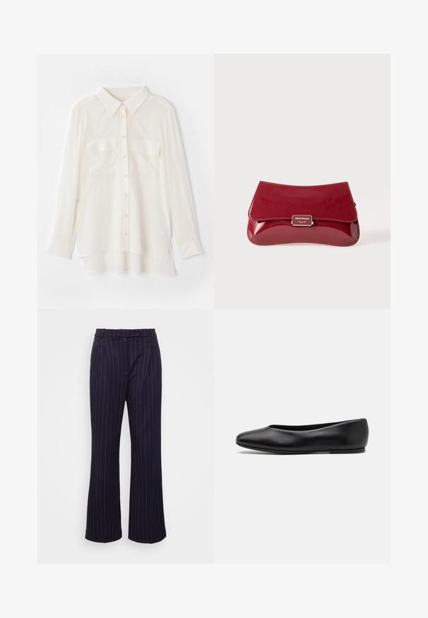Witte overhemd met knopen, gemaakt van lichtgewicht stof. Heeft een klassieke kraag, twee borstzakken en een iets langere achterkant.; DESIGNERS REMIX ZOE PANTS - Broek - navy/white; Paul Smith TOPANGA - Ballerina's - black; Rode gepatineerde leren clutch met een gebogen ontwerp, opklapbare klep en een metalen logo accent op een zilveren plaat. Gladde, glanzende textuur.