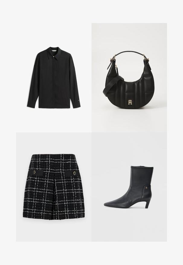 Schwarzes Langarmhemd mit spitzem Kragen, vorderer Knopfleiste und einem goldfarbenen Akzentknopf. Verfügt über eine glatte Textur und eine entspannte Passform.; Schwarz-weißer Karorock aus strukturiertem Stoff, mit zwei vorderen Taschen in Schwarz und kreisförmigen goldfarbenen Hardware-Elementen.; Schwarze Leder-Stiefeletten mit spitzem Zehenbereich und niedrigem Absatz. Sie haben eine glatte Textur und ein kleines goldenes Logo-Detail an der Seite.; Schwarze Lederhandtasche mit geschwungener Form, gequilteter Textur und goldenen Beschlägen. Sie verfügt über einen abnehmbaren Schultergurt und ein Logodetail.