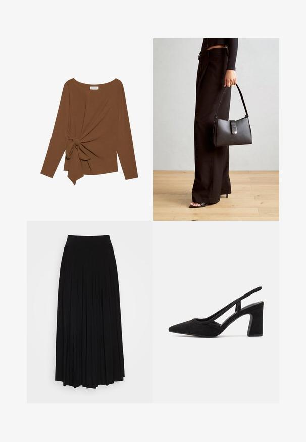 Brown long-sleeve top featuring a wide neckline and a knot detail on one side, made of soft, textured fabric.; Black pleated skirt with a high, stretchy waistband. Made from soft fabric, featuring vertical pleats for a flowing silhouette.; Black suede slingback heeled shoe with pointed toe, adjustable strap, and a chunky heel. Minimalist design with smooth texture.; Black handbag with structured shape, smooth texture, and a metallic clasp. Paired with wide black pants and open-toe sandals on wooden floor.