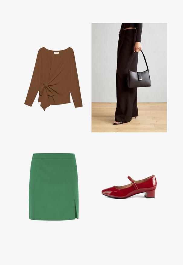 Rjava dolgosleeve majica z širokim izrezom in vozlom na eni strani, izdelana iz mehkega, teksturiranega blaga.; Zelena mini krilna z gladko teksturo, s straight rezom in stranskim razporkom za dodaten detajl. Preprost, neokrašen dizajn.; Rdeče lakirane Mary Jane čevlje s zaobljenim nosom, nizkim blokastim petam in nastavljivim trakom z majhnim buckle detajlom.; Črna torbica z strukturirano obliko, gladko teksturo in kovinskim zaponko. Ujemajo se z širokimi črnimi hlačami in odprtimi sandali na lesenem tleh.