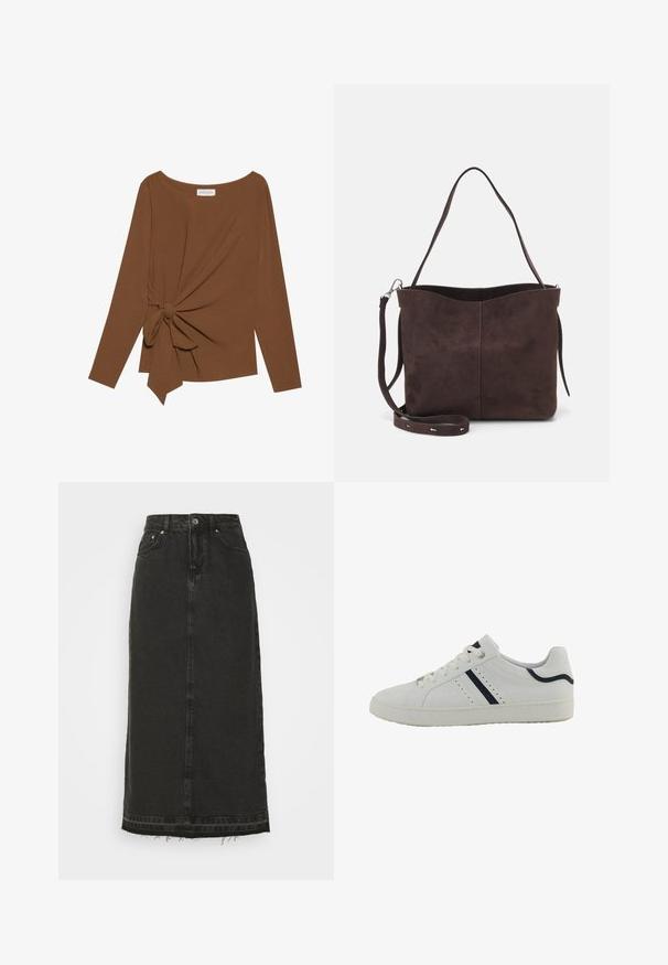 Rjava dolgosleeve majica z širokim izrezom in vozlom na eni strani, izdelana iz mehkega, teksturiranega blaga.; Črna denim midi krila z oprijetim pasom, sprednjim gumbnim zapiranjem in razfrkanim robom. Ima klasičen dizajn s petimi žepi in rahlo teksturo.; Bela sintetična teniska obutev z nizkim profilom, ki ima mornarsko modre diagonale, perforacije na strani in teksturiran gumijast podplat.; Rjava gamoška torba z mehkobo teksturo, ki ima en samo ramenski trak in subtilno ukrivljen zgornji del. Brez vidnih kovinskih detajlov.