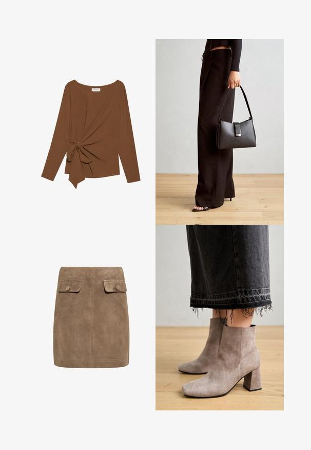 Cămașă lungă maro cu mâneci lungi, având un decolteu larg și un detaliu nod pe o parte, confecționată dintr-un material moale, texturat.; Fustă mini din ante maro, cu o textură netedă, având două buzunare cu clapetă în față și închideri cu buton pe fiecare parte. Design simplu și drept.; Anna Field LEATHER - Botine clasice - taupe; Genți negre cu o formă structurată, textură netedă și un închizător metalic. Asortată cu pantaloni negri largi și sandale cu vârf deschis pe un podea din lemn.
