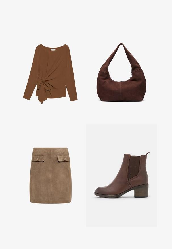 Bruine lange mouwen top met een brede halslijn en een knoopdetail aan één zijde, gemaakt van zachte, gestructureerde stof.; Bruine suède mini-jurk met een gladde textuur, voorzien van twee voorflapzakken en knoopsluitingen aan elke kant. Eenvoudig, recht ontwerp.; Bruine leren enkellaars met een gladde afwerking, elastische zijpanelen, een ronde neus en een gematigde houten hak.; Bruin suède hobo tas met een gebogen, brede handgreep en een grote opening. Zachte textuur met zichtbare stiksels langs de randen.