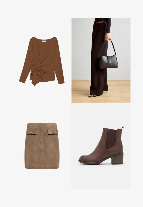 Brauner Langarm-Top mit weitem Ausschnitt und Knoten-Detail auf einer Seite, aus weichem, strukturiertem Stoff.; Brauner Wildleder-Minirock mit glatter Textur, ausgestattet mit zwei vorderen Klappentaschen und Druckknopfverschlüssen an beiden Seiten. Schlichtes, gerades Design.; Braune Leder-Ankle Boots mit glatter Oberfläche, elastischen Seitenblenden, abgerundeter Zehenpartie und moderatem Holzabsatz.; Schwarze Handtasche mit strukturierter Form, glatter Textur und einem metallischen Verschluss. Kombiniert mit weiten schwarzen Hosen und offenen Sandalen auf einem Holzboden.