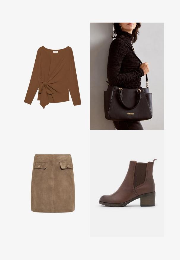 Bruine lange mouwen top met een brede halslijn en een knoopdetail aan één zijde, gemaakt van zachte, gestructureerde stof.; Bruine suède mini-jurk met een gladde textuur, voorzien van twee voorflapzakken en knoopsluitingen aan elke kant. Eenvoudig, recht ontwerp.; Bruine leren enkellaars met een gladde afwerking, elastische zijpanelen, een ronde neus en een gematigde houten hak.; Zwarte handtas met gestructureerd oppervlak, dubbele bovenhandvatten en verstelbare schouderriem. Voorzien van goudkleurige hardware en zijzakken.