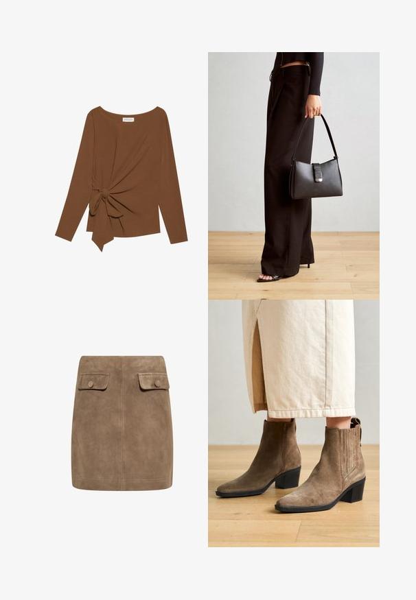 Hnedý dlhý rukáv top s širokým výstrihom a uzlom na jednej strane, vyrobený z mäkkej textúrovanej látky.; Hnedá semišová mini sukňa s hladkou textúrou, ktorá má dva predné vrecká s klopou a gombíkové zapínanie na každej strane. Jednoduchý, rovný dizajn.; Marc O'Polo LUNA - Klasické členkové čižmy - mid brown; Čierna kabelka so štruktúrovaným tvarom, hladkou textúrou a kovovou sponou. V kombinácii so širokými čiernymi nohavicami a sandálmi s otvorenou špičkou na drevenej podlahe.