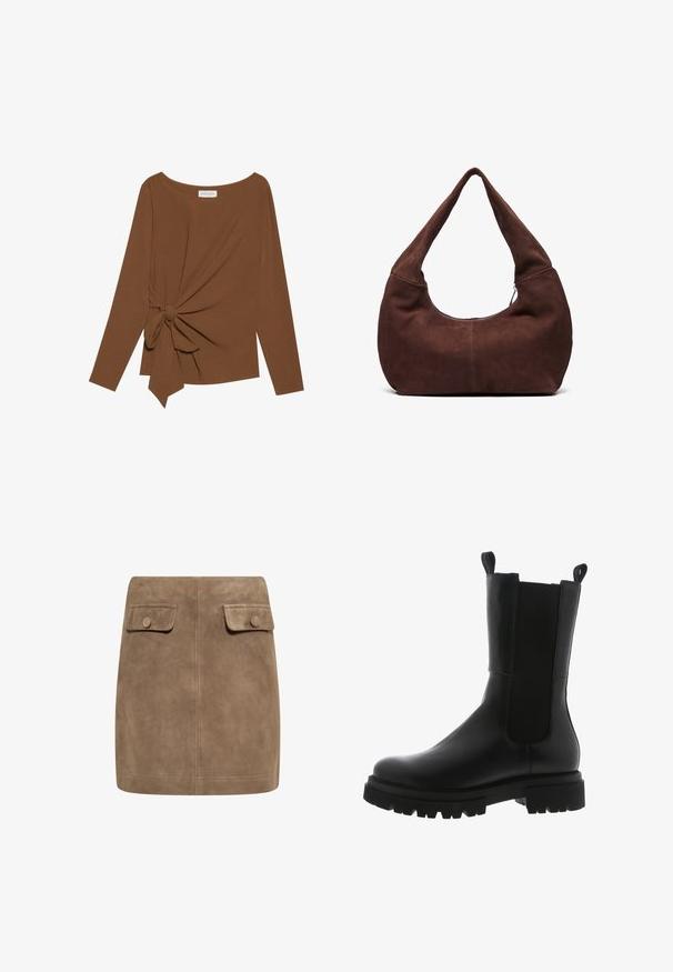 Ruda ilga rankovė viršutinė dalis su plačiu iškirpimu ir mazgo detale vienoje pusėje, pagaminta iš minkštos, tekstūruotos medžiagos.; Ruda zomšinė mini sijonas su lygiu paviršiumi, turintis dvi priekinės kišenes su atverčiamais dangteliais ir mygtukų užsegimus kiekvienoje pusėje. Paprasta, tiesi konstrukcija.; Juodos odinės aulinės bateliai su elegantišku dizainu, elastingomis šoninėmis detalėmis, traukimo kilpelėmis ir masyviu gumo padu su dantyta struktūra.; Ruda suedinė hobo rankinė su išlenktu plačiu rankenos dizainu ir didele atidarymo angą. Minkšta tekstūra su matomomis siuvimo detalėmis palei kraštus.