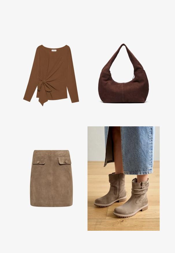 Brun långärmad topp med bred halsringning och en knutdetalj på ena sidan, tillverkad av mjukt, texturerat tyg.; Brun mockaskinn mini kjol med en slät textur, som har två framfickor med klaff och knäppningar på varje sida. Enkel, rak design.; Tan mockasinstövlar i mocka med en avslappnad design, sidogylf och texturerad gummisula. Stövlarna har stickade detaljer och en rund tå.; Brun mockaim väskan med ett böjt, brett handtag och en stor öppning. Mjuk textur med synlig sömnadsdetalj längs kanterna.