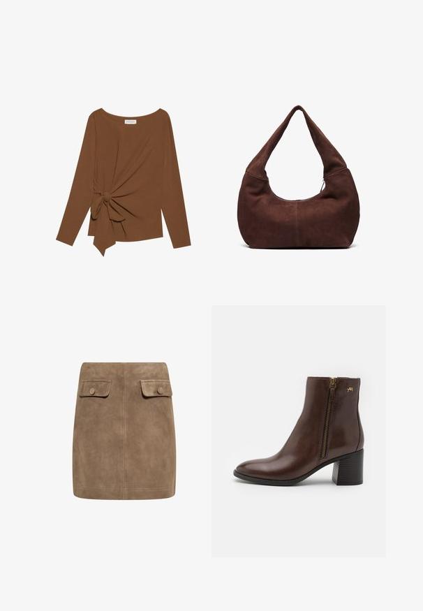 Ruskea pitkähihaisen ylin vaate, jossa on leveä pääntie ja solmukohta toisella sivulla, valmistettu pehmeästä, teksturoidusta kankaasta.; Ruskea mokkanahkainen mini hame, jossa on sileä pinta. Hameessa on kaksi etupakkausta ja napit kummassakin reunassa. Yksinkertainen ja suora muotoilu.; Ruskea nahkasaapas nilkkapituudella, jossa on pyöreä kärki, sivuompelu kullansävyisillä yksityiskohdilla, ja lohkarekorko, jossa on teksturoitu pinta.; Ruskea mokkahobo-laukku, jossa on kaareva, leveä kahva ja suuri aukko. Pehmeä tekstuuri, jossa on näkyvää tikkausta reunoilla.