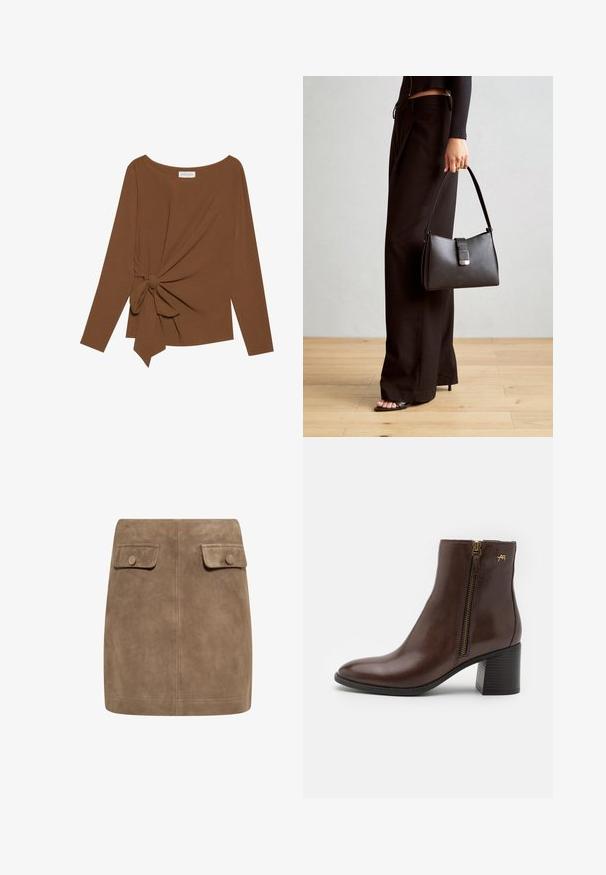 Brązowy, długi rękaw top z szerokim dekoltem i węzełkowym detalem po jednej stronie, wykonany z miękkiego, teksturowanego materiału.; Brązowa zamszowa mini spódnica o gładkiej fakturze, z dwiema przednimi kieszeniami na klapki oraz zapięciem na guziki po obu stronach. Prosty, prosty krój.; Brązowy skórzany botek za kostkę z okrągłym noskiem, bocznym zamkiem błyskawicznym z złotym wykończeniem oraz obcasem w kształcie bloku z teksturowanym wzorem.; Czarna torebka o usztywnionym kształcie, gładkiej fakturze i metalowym zapięciem. Połączona z szerokimi czarnymi spodniami i sandałami na otwartym palcu na drewnianej podłodze.