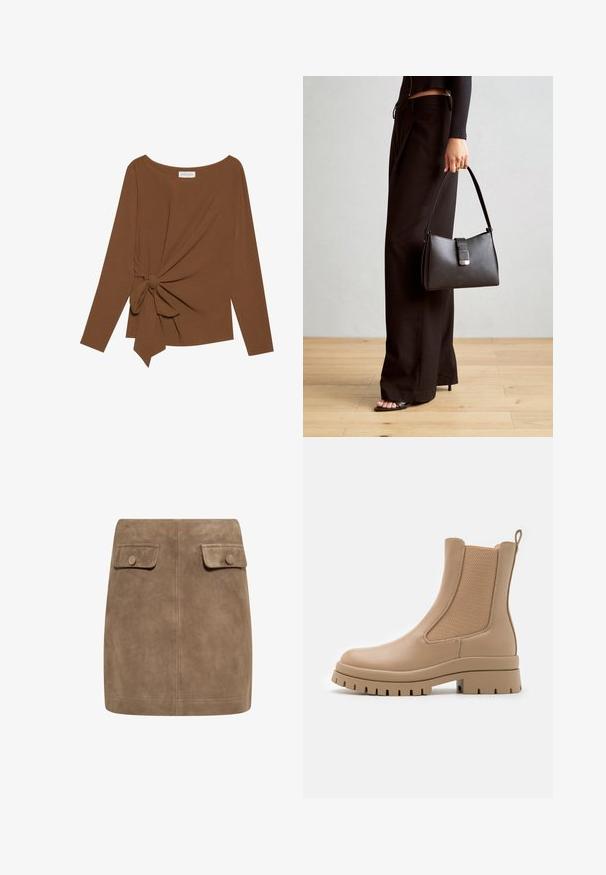 Ruda ilga rankovė viršutinė dalis su plačiu iškirpimu ir mazgo detale vienoje pusėje, pagaminta iš minkštos, tekstūruotos medžiagos.; Ruda zomšinė mini sijonas su lygiu paviršiumi, turintis dvi priekinės kišenes su atverčiamais dangteliais ir mygtukų užsegimus kiekvienoje pusėje. Paprasta, tiesi konstrukcija.; Anna Field Aulinukai su platforma - beige; Juodas rankinė struktūrizuota forma, lygi tekstūra ir metalinis užsegimas. Suporuota su plačiomis juodomis kelnėmis ir atvirais bateliais ant medinių grindų.