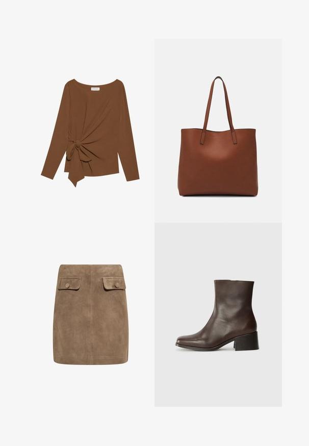 Brun langærmet top med en bred halsudskæring og en knude detalje på den ene side, lavet af blødt, tekstureret stof.; Brun ruskind mini nederdel med en glat tekstur, der har to frontlommer med flap og knaplukninger på hver side. Enkel, lige design.; Brun læder ankelstøvle med en glat overflade, rund tå og en kraftig sort hæl. Har et minimalistisk design uden synligt hardware.; Brun læder tote taske med en glat overflade, åben topdesign og to skulderremme. Har minimal syning og ingen synlig hardware.