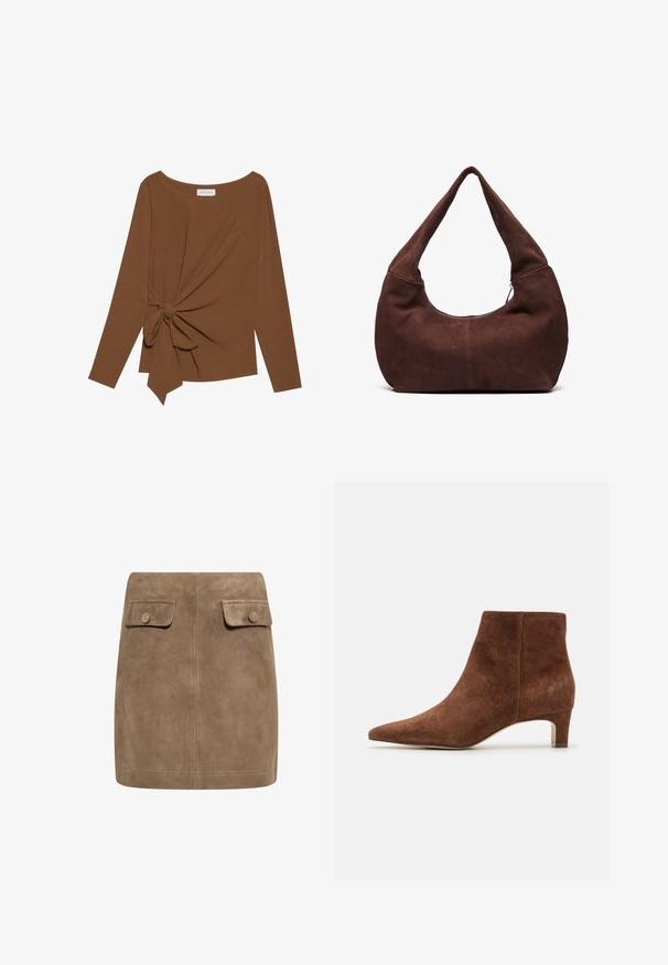 Barna, hosszú ujjú felső, széles nyakkivágással és az egyik oldalon csomó részlettel, puha, texturált anyagból készült.; Barna szarvasbőr mini szoknya sima textúrával, két elülső hajtókával és gombos záródásokkal mindkét oldalon. Egyszerű, egyenes szabás.; Anna Field LEATHER - Bokacsizmák - tan; Barna velúr hobo táska ívelt, széles fogantyúval és nagy nyílással. Puha textúra, a szélek mentén látható varrás részletekkel.