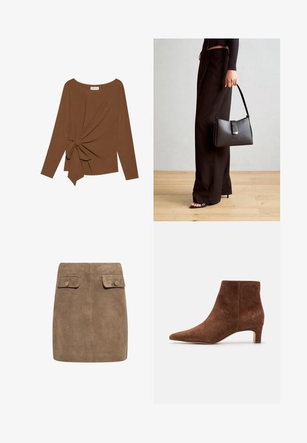 Brauner Langarm-Top mit weitem Ausschnitt und Knoten-Detail auf einer Seite, aus weichem, strukturiertem Stoff.; Brauner Wildleder-Minirock mit glatter Textur, ausgestattet mit zwei vorderen Klappentaschen und Druckknopfverschlüssen an beiden Seiten. Schlichtes, gerades Design.; Anna Field LEATHER - Ankle Boot - tan; Schwarze Handtasche mit strukturierter Form, glatter Textur und einem metallischen Verschluss. Kombiniert mit weiten schwarzen Hosen und offenen Sandalen auf einem Holzboden.