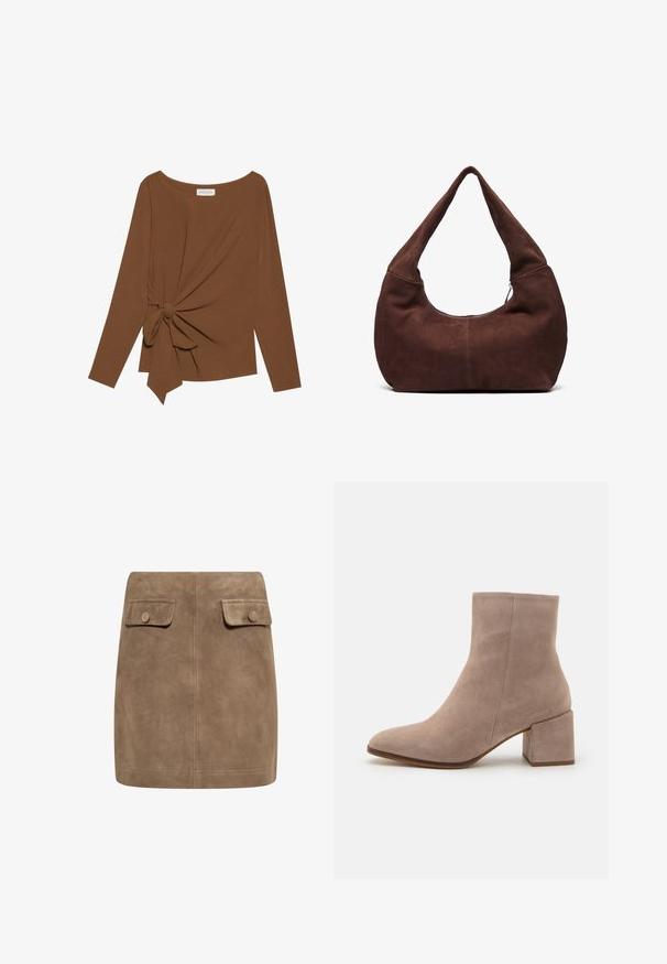 T-shirt brun à manches longues avec un col large et un détail de nœud sur un côté, fabriqué dans un tissu doux et texturé.; Mini jupe en daim marron avec une texture lisse, dotée de deux poches à rabat à l'avant et de fermetures à bouton de chaque côté. Design simple et droit.; Botte de cheville en suède beige avec un bout pointu et un talon carré épais. La surface est lisse avec une texture douce et des détails minimaux.; Sac hobo en daim marron avec une poignée large et incurvée et une grande ouverture. Texture douce avec des détails de couture visibles le long des bords.