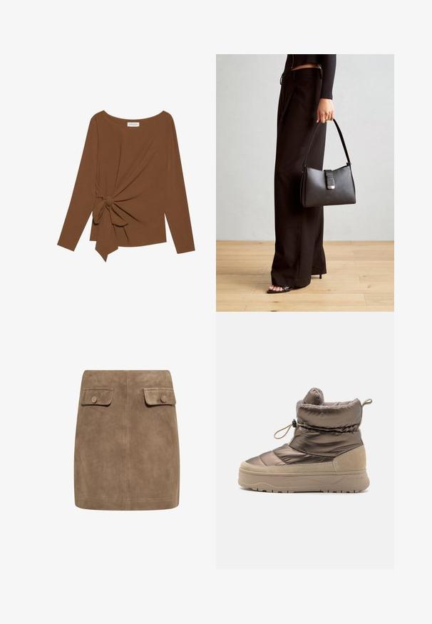 Hnědý dlouhý rukáv top s širokým výstřihem a detaily uzlu na jedné straně, vyrobený z měkké texturované látky.; Hnědá semišová mini sukně s hladkou texturou, vybavená dvěma předními kapsami s klopami a knoflíkovými zapínáními po stranách. Jednoduchý, rovný design.; Polstrovaná kotníková bota s lesklým hnědým syntetickým svrškem, semišovými akcenty, kulatou špičkou a texturovanou béžovou podrážkou s poutkem.; Černá kabelka se strukturovaným tvarem, hladkým povrchem a kovovým uzávěrem. Kombinována s širokými černými kalhotami a sandály s otevřenou špičkou na dřevěné podlaze.
