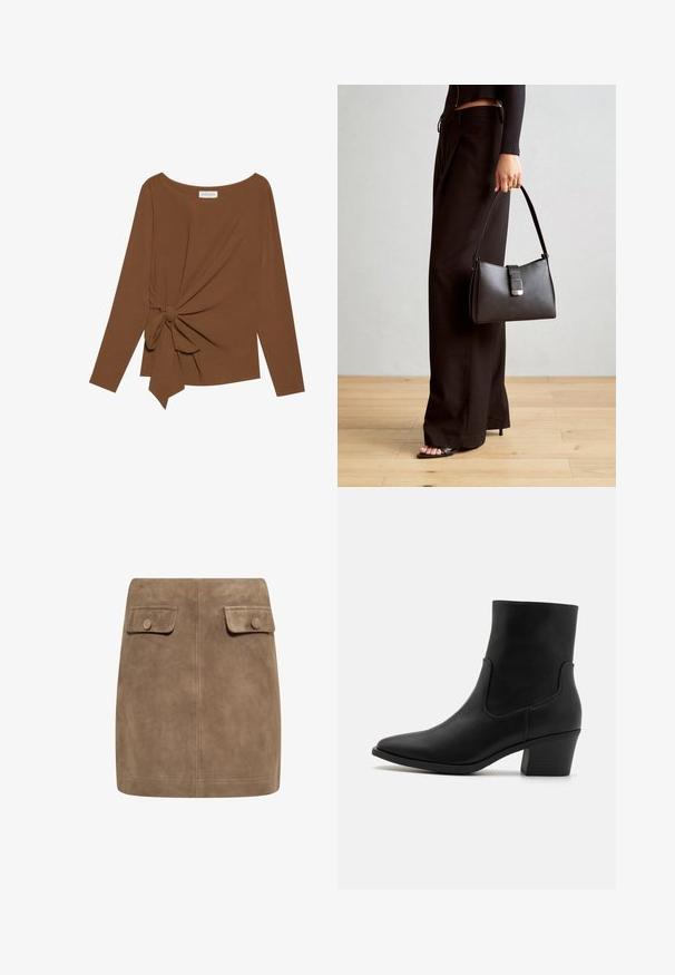 Smeđa majica dugih rukava s širokim izrezom i čvorom s jedne strane, izrađena od mekog, teksturiranog materijala.; Smeđa nubuk mini suknja s glatkom teksturom, koja ima dva prednja džepa s preklopom i dugmad za zatvaranje s obje strane. Jednostavan, ravni dizajn.; Crne kožne anklet čizme s oštrim vrhom, bočnim elastičnim panelima i stepenastim petom, s glatkom teksturom i minimalističkim dizajnom.; Crna torba s oblikom koji sadrži strukturu, glađu teksturu i metalnu kopču. Uparena s širokim crnim hlačama i sandalama na otvorenom s drvenog poda.