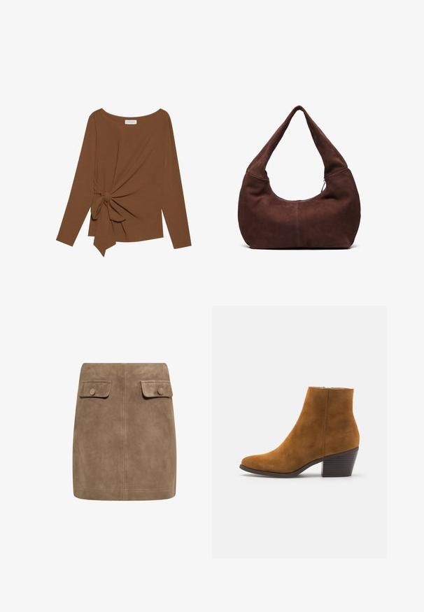 Brauner Langarm-Top mit weitem Ausschnitt und Knoten-Detail auf einer Seite, aus weichem, strukturiertem Stoff.; Brauner Wildleder-Minirock mit glatter Textur, ausgestattet mit zwei vorderen Klappentaschen und Druckknopfverschlüssen an beiden Seiten. Schlichtes, gerades Design.; Braune Wildleder-Ankle Boots mit spitzer Zehenform und gestapeltem Absatz. Glatte Textur mit einem seitlichen Reißverschluss zum Schließen. Klassisches Design und Form.; Braune Wildleder-Hobo-Tasche mit einem gebogenen, breiten Griff und einer großen Öffnung. Weiche Textur mit sichtbaren abgesteppten Details entlang der Kanten.