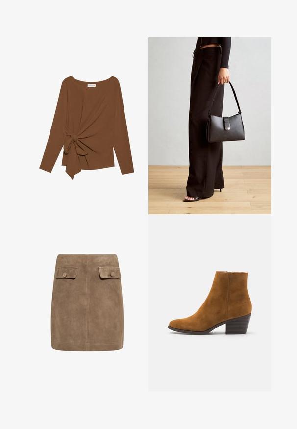 Barna, hosszú ujjú felső, széles nyakkivágással és az egyik oldalon csomó részlettel, puha, texturált anyagból készült.; Barna szarvasbőr mini szoknya sima textúrával, két elülső hajtókával és gombos záródásokkal mindkét oldalon. Egyszerű, egyenes szabás.; Barna velúr bokacsizma hegyes orral és megemelt sarkal. Simább textúra, oldalsó cipzárral. Klasszikus dizájn és forma.; Fekete kézi táska strukturált formával, sima textúrával és fémből készült záródással. Széles fekete nadrággal és nyitott orrú szandállal párosítva, fából készült padlón.