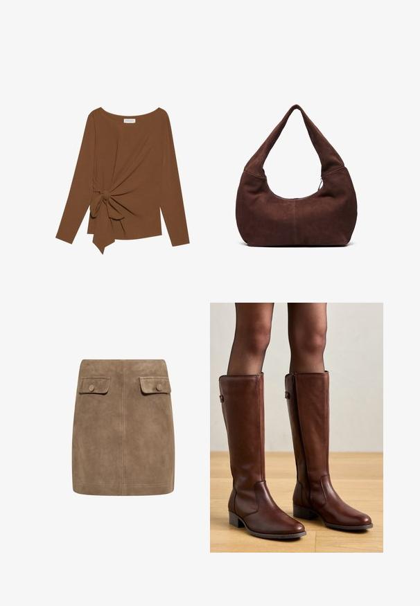 Cămașă lungă maro cu mâneci lungi, având un decolteu larg și un detaliu nod pe o parte, confecționată dintr-un material moale, texturat.; Fustă mini din ante maro, cu o textură netedă, având două buzunare cu clapetă în față și închideri cu buton pe fiecare parte. Design simplu și drept.; Anna Field LEATHER - Cizme - brown; Geantă hobo din suede maro, cu o maner curbat și lat și o deschidere mare. Textură moale cu detalii de cusătură vizibile de-a lungul marginilor.