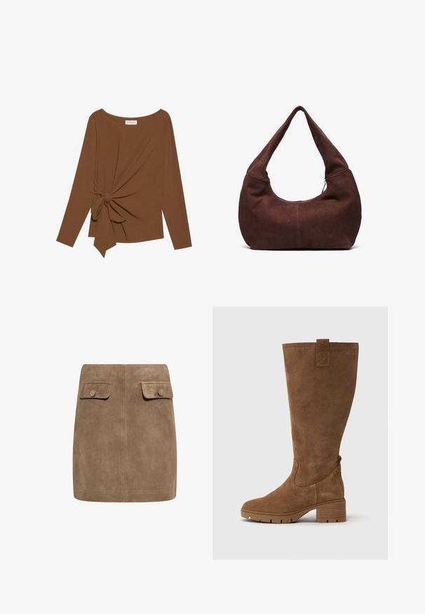 Brown long-sleeve top featuring a wide neckline and a knot detail on one side, made of soft, textured fabric.; Brown suede mini skirt with a smooth texture, featuring two front flap pockets and button closures on each side. Simple, straight design.; Tamaris Boots - brown; Brown suede hobo bag with a curved, wide handle and a large opening. Soft texture with visible stitching detailing along the edges.