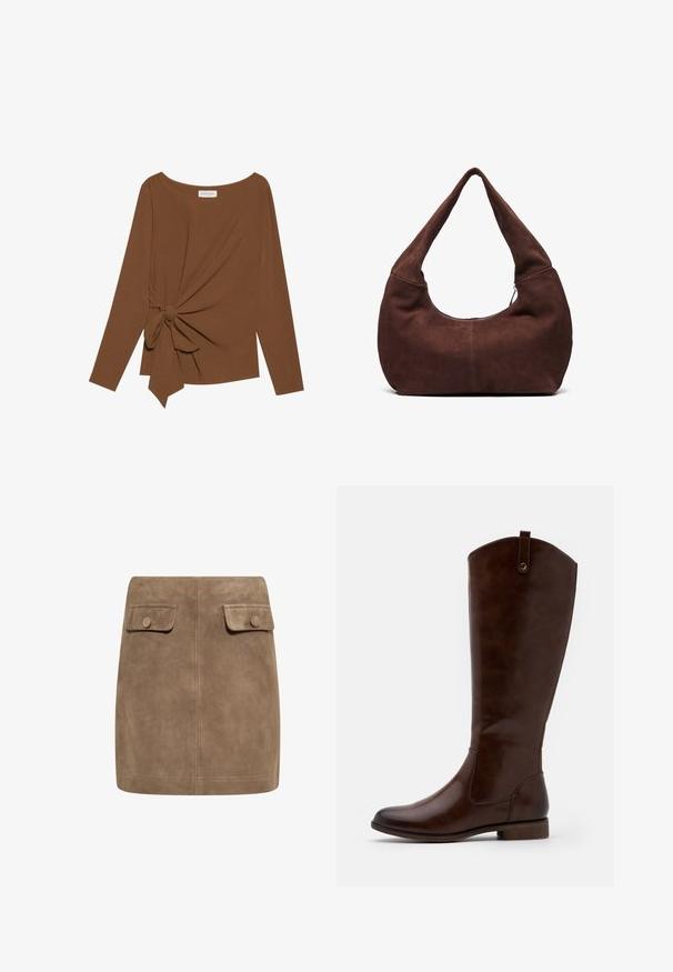 Hnědý dlouhý rukáv top s širokým výstřihem a detaily uzlu na jedné straně, vyrobený z měkké texturované látky.; Hnědá semišová mini sukně s hladkou texturou, vybavená dvěma předními kapsami s klopami a knoflíkovými zapínáními po stranách. Jednoduchý, rovný design.; Hnědé kozačky do kolen vyrobené z hladké kůže, s kulatou špičkou, nízkým stohovaným podpatkem a jemným prošitím po stranách.; Hnědá semišová hobo taška s zakřiveným, širokým uchem a velkým otvorem. Měkká textura se viditelným prošíváním podél okrajů.