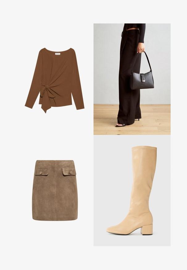 Ruda ilga rankovė viršutinė dalis su plačiu iškirpimu ir mazgo detale vienoje pusėje, pagaminta iš minkštos, tekstūruotos medžiagos.; Ruda zomšinė mini sijonas su lygiu paviršiumi, turintis dvi priekinės kišenes su atverčiamais dangteliais ir mygtukų užsegimus kiekvienoje pusėje. Paprasta, tiesi konstrukcija.; Anna Field Batai - beige; Juodas rankinė struktūrizuota forma, lygi tekstūra ir metalinis užsegimas. Suporuota su plačiomis juodomis kelnėmis ir atvirais bateliais ant medinių grindų.