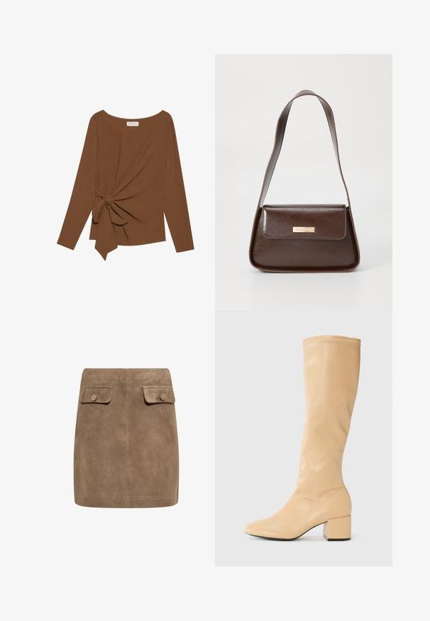 Rjava dolgosleeve majica z širokim izrezom in vozlom na eni strani, izdelana iz mehkega, teksturiranega blaga.; Rjava semi krila iz jasnega sued materiala z gladko teksturo, ki imata spredaj dva žepa z flapom in gumbom na vsaki strani. Preprost, raven dizajn.; Anna Field Škornji - beige; Rjava usnjena torba za ramo z urejeno obliko, ki ima magnetno zapiranje na pokrovu in kovinski logotip na sprednji strani.