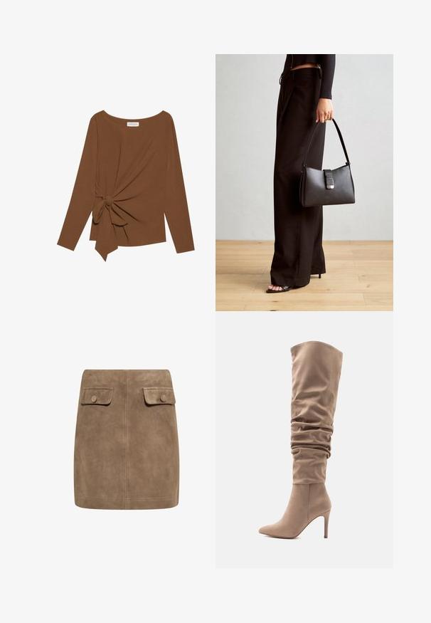 Barna, hosszú ujjú felső, széles nyakkivágással és az egyik oldalon csomó részlettel, puha, texturált anyagból készült.; Barna szarvasbőr mini szoknya sima textúrával, két elülső hajtókával és gombos záródásokkal mindkét oldalon. Egyszerű, egyenes szabás.; Beige műsuede térd fölé érő csizma laza fazonnal, hegyes orral és 4 hüvelykes stiletto sarokkal. Simább textúra és minimalista stílus.; Fekete kézi táska strukturált formával, sima textúrával és fémből készült záródással. Széles fekete nadrággal és nyitott orrú szandállal párosítva, fából készült padlón.