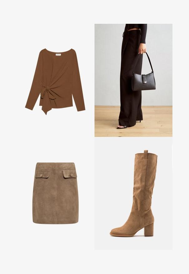 Bruine lange mouwen top met een brede halslijn en een knoopdetail aan één zijde, gemaakt van zachte, gestructureerde stof.; Bruine suède mini-jurk met een gladde textuur, voorzien van twee voorflapzakken en knoopsluitingen aan elke kant. Eenvoudig, recht ontwerp.; Kniehoge tan kleurige suède laars met een blokhak, voorzien van gestikte accenten en een gestroomlijnde vorm voor een moderne uitstraling.; Zwarte handtas met gestructureerde vorm, gladde textuur en een metalen sluiting. Gecombineerd met brede zwarte broeken en sandalen met open teen op een houten vloer.