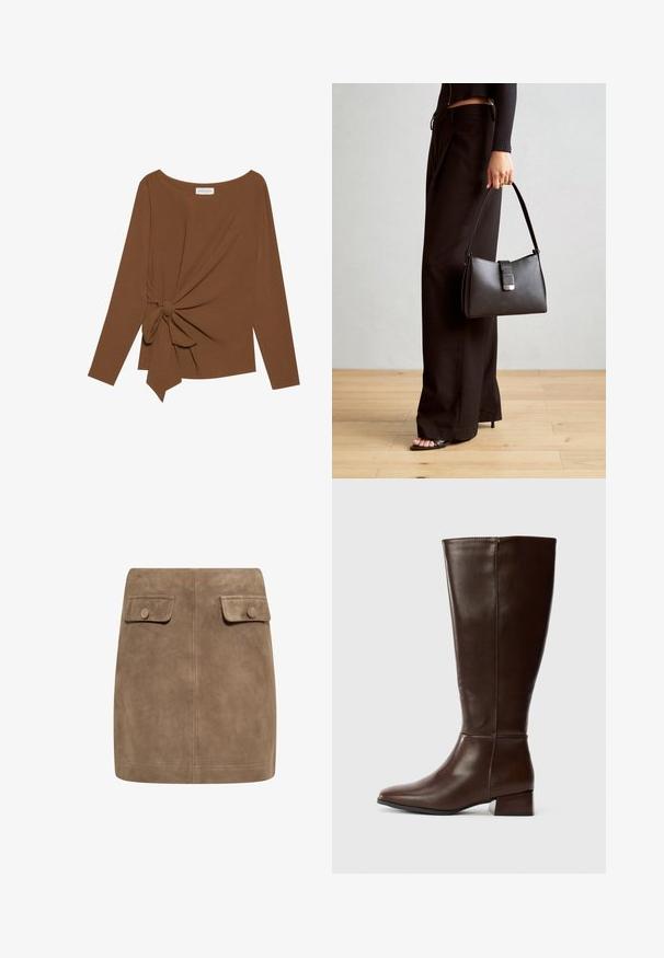 Top marrón de manga larga con un escote amplio y un detalle de nudo en un lado, hecho de una tela suave y texturizada.; Mini falda de ante marrón con una textura suave, que presenta dos bolsillos frontales con solapa y cierres de botón a cada lado. Diseño simple y recto.; Bota alta de cuero marrón oscuro con un tacón bajo y acabado suave, mostrada de lado sobre un fondo blanco.; Bolso negro con forma estructurada, textura suave y un cierre metálico. Combinado con pantalones anchos negros y sandalias de dedo en un suelo de madera.