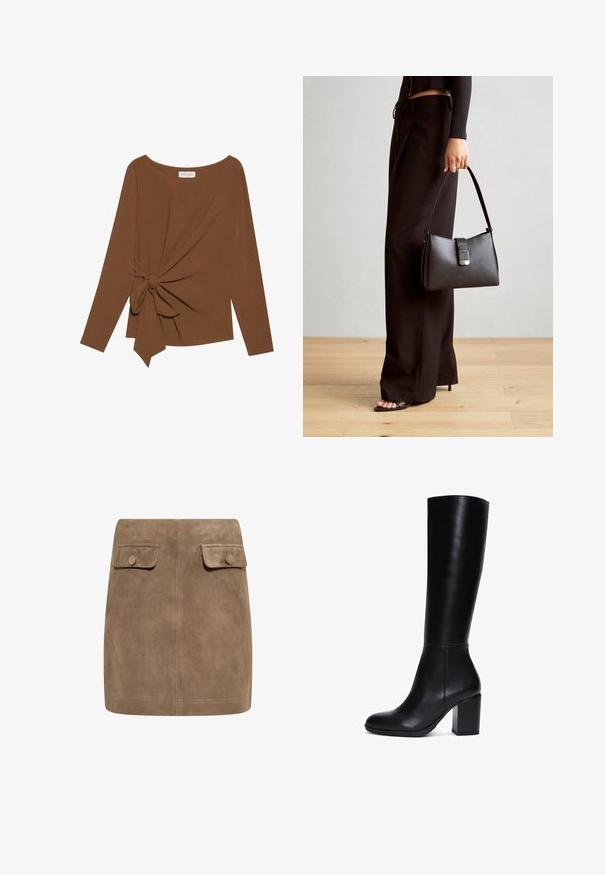 Top marrón de manga larga con un escote amplio y un detalle de nudo en un lado, hecho de una tela suave y texturizada.; Mini falda de ante marrón con una textura suave, que presenta dos bolsillos frontales con solapa y cierres de botón a cada lado. Diseño simple y recto.; Bota de cuero negro hasta la rodilla con una textura suave, puntera redondeada y un tacón cuadrado. Presenta un hardware mínimo y un diseño elegante.; Bolso negro con forma estructurada, textura suave y un cierre metálico. Combinado con pantalones anchos negros y sandalias de dedo en un suelo de madera.