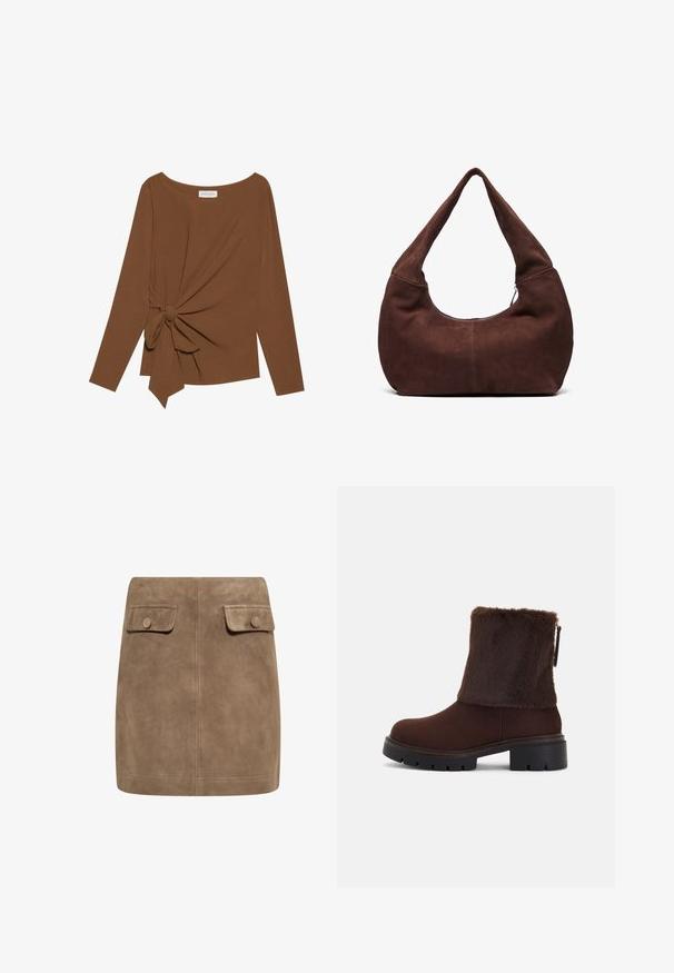 Brun langærmet top med en bred halsudskæring og en knude detalje på den ene side, lavet af blødt, tekstureret stof.; Brun ruskind mini nederdel med en glat tekstur, der har to frontlommer med flap og knaplukninger på hver side. Enkel, lige design.; Brune ankelstøvle med en blød kunstlæder skaft, blokhæl og tekstureret gummisål. Lynlåslukning på siden og syet detalje rundt om bunden.; Brun ruskinds hobo taske med et buet, bredt håndtag og en stor åbning. Blød tekstur med synlige stikninger langs kanterne.