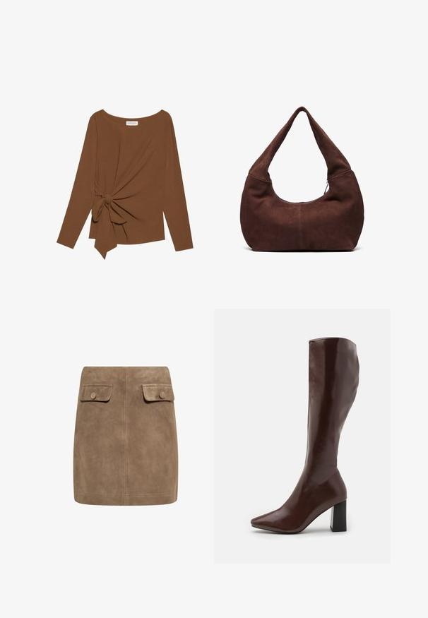 Brown long-sleeve top featuring a wide neckline and a knot detail on one side, made of soft, textured fabric.; Brown suede mini skirt with a smooth texture, featuring two front flap pockets and button closures on each side. Simple, straight design.; RAID HETTIE - Boots - brown; Brown suede hobo bag with a curved, wide handle and a large opening. Soft texture with visible stitching detailing along the edges.