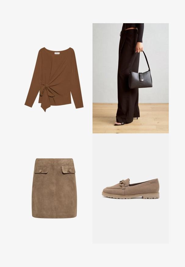 Hnědý dlouhý rukáv top s širokým výstřihem a detaily uzlu na jedné straně, vyrobený z měkké texturované látky.; Hnědá semišová mini sukně s hladkou texturou, vybavená dvěma předními kapsami s klopami a knoflíkovými zapínáními po stranách. Jednoduchý, rovný design.; Tamaris Polobotky - taupe; Černá kabelka se strukturovaným tvarem, hladkým povrchem a kovovým uzávěrem. Kombinována s širokými černými kalhotami a sandály s otevřenou špičkou na dřevěné podlaze.