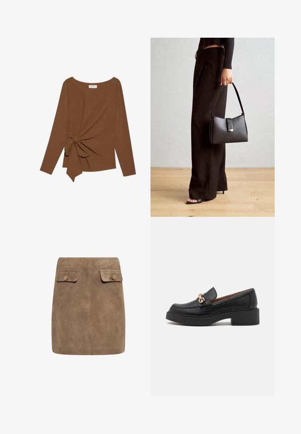 Pruuni pikad varrukad ja laia kaelusega topp, millel on ühe külje sõlmekaunistus, valmistatud pehmest ja tekstuuriga kangast.; Pruun nubuk mini seelik sujuva tekstuuriga, millel on kaks esimest klapikotti ja nupuväravad igal küljel. Lihtne, sirge disain.; Mustad mustad nahast loafers paksu platvormi tallaga, millel on silmapaistev kuldne riistvara aksent jalatalla ees ja nähtavad õmblused.; Must musta kott, millel on struktureeritud kuju, sile tekstuur ja metallist klamber. Kombineeritud laiate mustade pükstega ja avatud varvaste sandaalidega puidust põrandal.