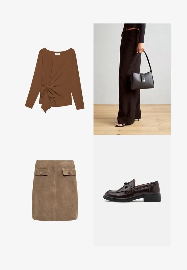 Rjava dolgosleeve majica z širokim izrezom in vozlom na eni strani, izdelana iz mehkega, teksturiranega blaga.; Rjava semi krila iz jasnega sued materiala z gladko teksturo, ki imata spredaj dva žepa z flapom in gumbom na vsaki strani. Preprost, raven dizajn.; Rjave usnjene loafer čevlje z gladko teksturo, ki imajo okrasni trak in zaponko, nizko črno peto ter obliko zaobljenega prsta.; Črna torbica z strukturirano obliko, gladko teksturo in kovinskim zaponko. Ujemajo se z širokimi črnimi hlačami in odprtimi sandali na lesenem tleh.