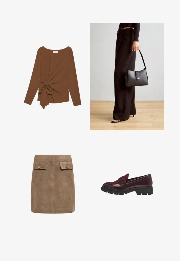 Hnědý dlouhý rukáv top s širokým výstřihem a detaily uzlu na jedné straně, vyrobený z měkké texturované látky.; Hnědá semišová mini sukně s hladkou texturou, vybavená dvěma předními kapsami s klopami a knoflíkovými zapínáními po stranách. Jednoduchý, rovný design.; Tamaris Polobotky - merlot comb; Černá kabelka se strukturovaným tvarem, hladkým povrchem a kovovým uzávěrem. Kombinována s širokými černými kalhotami a sandály s otevřenou špičkou na dřevěné podlaze.