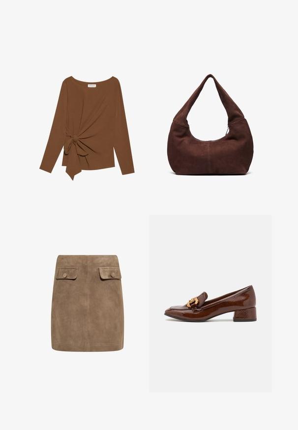 Brūna garām piedurknēm topa, kas izceļas ar plašu dekoltē un mezglu detaļu vienā pusē, izgatavota no mīkstas, teksturētas auduma.; Brūns zamšs mini svārki ar gludu tekstūru, ieguvuši divas priekšējās kabatas ar vāciņiem un pogu aizdare katrā pusē. Vienkāršs, taisns dizains.; Brūni ādas mokasīni ar spīdīgu apdari, ar dekoratīvu zelta sprādzi priekšpusē un zemu blokveida papēdi. Klasisks dizains.; Brūna zamšādas hobo soma ar izliekta, plaša rokturi un lielu atvērumu. Mīksta tekstūra ar redzamām šuvju detaļām gar malām.