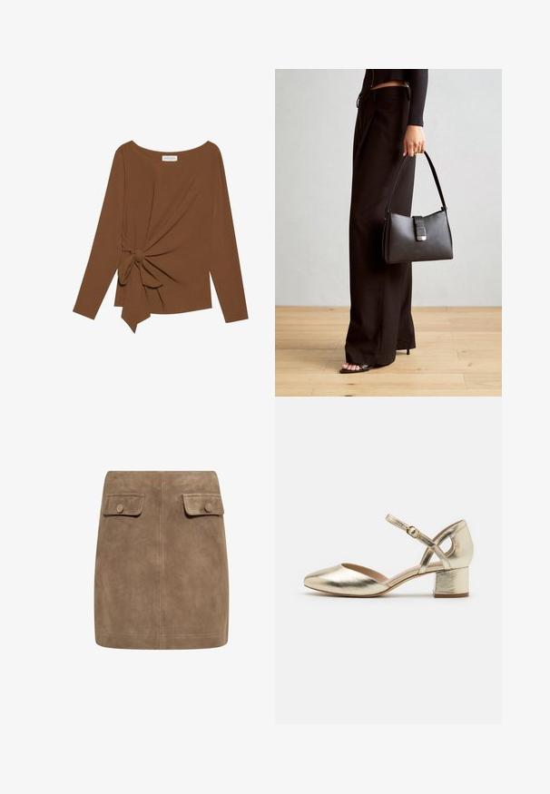 Barna, hosszú ujjú felső, széles nyakkivágással és az egyik oldalon csomó részlettel, puha, texturált anyagból készült.; Barna szarvasbőr mini szoknya sima textúrával, két elülső hajtókával és gombos záródásokkal mindkét oldalon. Egyszerű, egyenes szabás.; Arany színű, fémes magas sarkú cipők lekerekített orral, bokapánttal és tömbsarkkal. Simára csiszolt textúra, fényes felület és keresztpántos kialakítás jellemzi.; Fekete kézi táska strukturált formával, sima textúrával és fémből készült záródással. Széles fekete nadrággal és nyitott orrú szandállal párosítva, fából készült padlón.