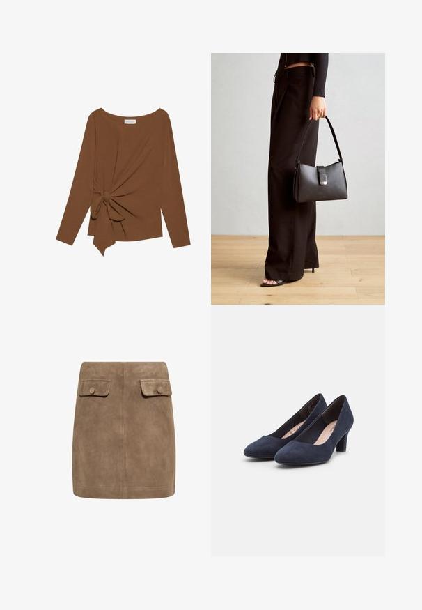 Ruskea pitkähihaisen ylin vaate, jossa on leveä pääntie ja solmukohta toisella sivulla, valmistettu pehmeästä, teksturoidusta kankaasta.; Ruskea mokkanahkainen mini hame, jossa on sileä pinta. Hameessa on kaksi etupakkausta ja napit kummassakin reunassa. Yksinkertainen ja suora muotoilu.; Navy siniset mokka korkeakorkoiset kengät, joiden kärki on pyöristetty ja pinnassa on tekstuuria; niissä on matala, leveä korko vakauden takaamiseksi.; Musta käsilaukku, jossa on rakenteellinen muoto, sileä pinta ja metallinen solki. Yhdistetty leveisiin mustiin housuihin ja avonaiheisiin sandaaleihin puulattialla.