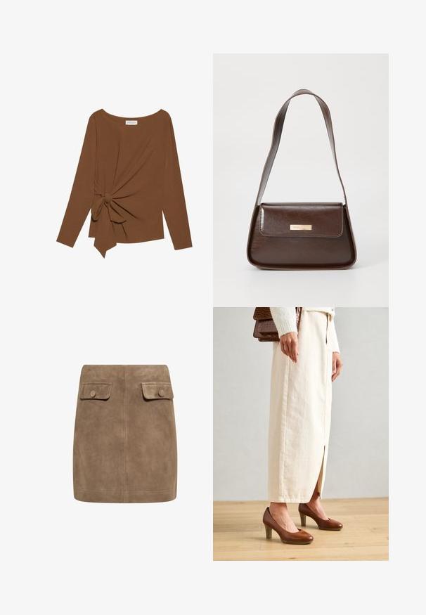 T-shirt brun à manches longues avec un col large et un détail de nœud sur un côté, fabriqué dans un tissu doux et texturé.; Mini jupe en daim marron avec une texture lisse, dotée de deux poches à rabat à l'avant et de fermetures à bouton de chaque côté. Design simple et droit.; Des chaussures à talons marron avec un bout arrondi, accompagnées d'une jupe longue couleur crème présentant une fente à l'avant, et d'un sac à main marron texturé.; Sac à épaule en cuir marron avec une forme structurée, doté d'une fermeture à rabat magnétique et d'un accent de logo métallique à l'avant.