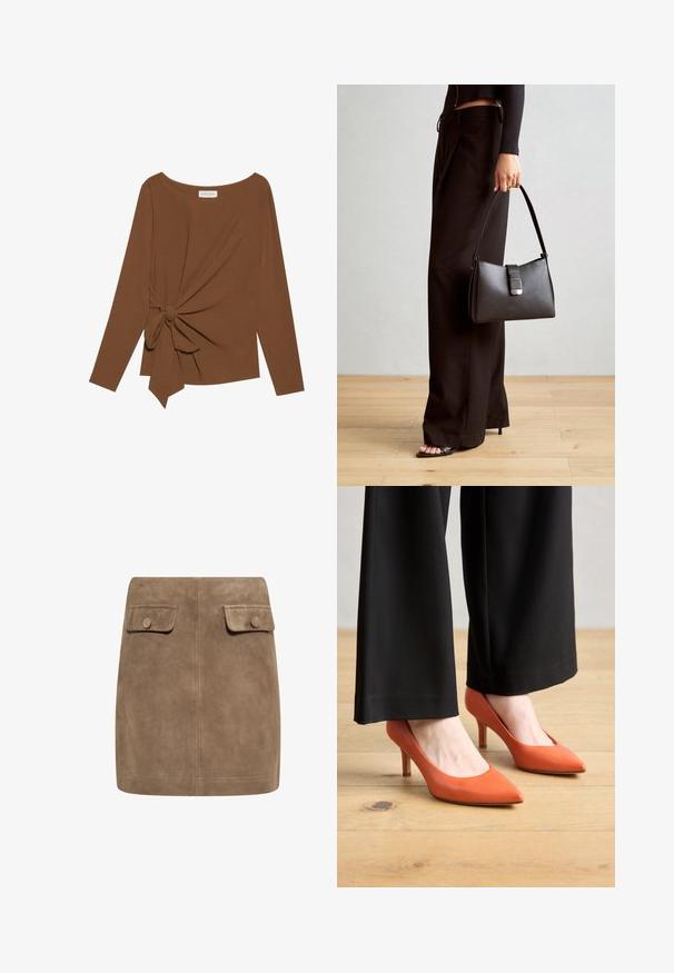 Maglia marrone a maniche lunghe con scollatura ampia e un dettaglio a nodo su un lato, realizzata in tessuto morbido e testurizzato.; Gonna mini in suede marrone con una texture liscia, caratterizzata da due tasche frontali con patta e chiusura a bottoni su entrambi i lati. Design semplice e dritto.; Tacchi alti in pelle arancione con punta affilata e tacco a stiletto di 3 pollici, abbinati a pantaloni neri a gamba larga, su un pavimento di legno.; Borsa nera con forma strutturata, texture liscia e una chiusura metallica. Abbinata a pantaloni neri larghi e sandali open-toe su un pavimento in legno.