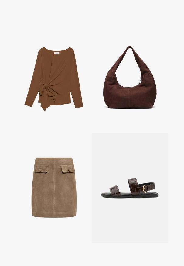 Pruuni pikad varrukad ja laia kaelusega topp, millel on ühe külje sõlmekaunistus, valmistatud pehmest ja tekstuuriga kangast.; Pruun nubuk mini seelik sujuva tekstuuriga, millel on kaks esimest klapikotti ja nupuväravad igal küljel. Lihtne, sirge disain.; Pruun krokodillimustri naha sandaal kahe laia rihmaga ja kuldse vöötlusega, millel on lame must tall.; Pruuni nahkhiirekott, millega on kaasas kumer ja lai käepide ning suur avaus. Pehme tekstuuriga, mille servadel on nähtavad õmblustähed.