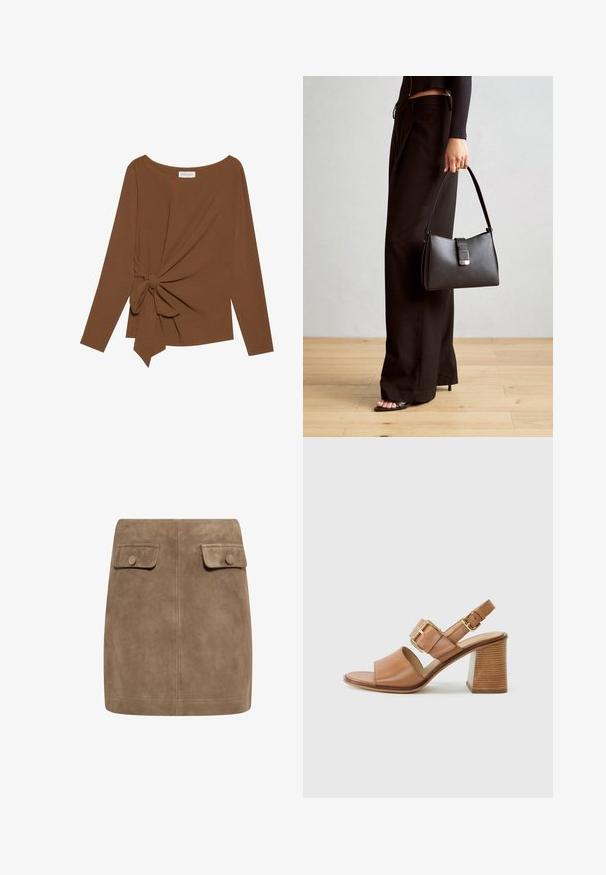 Rjava dolgosleeve majica z širokim izrezom in vozlom na eni strani, izdelana iz mehkega, teksturiranega blaga.; Rjava semi krila iz jasnega sued materiala z gladko teksturo, ki imata spredaj dva žepa z flapom in gumbom na vsaki strani. Preprost, raven dizajn.; Rjave usnjene sandale na peto z širokim sprednjim pasom, nastavljivim gležnjastim pasom z zlatim sponko in teksturirano blok peto.; Črna torbica z strukturirano obliko, gladko teksturo in kovinskim zaponko. Ujemajo se z širokimi črnimi hlačami in odprtimi sandali na lesenem tleh.