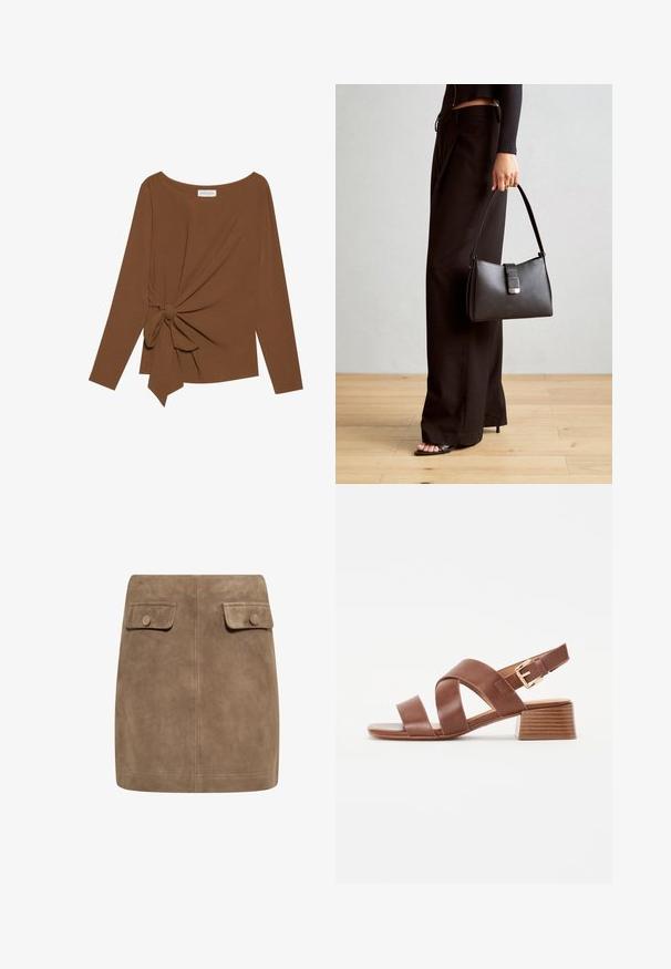 Ruskea pitkähihaisen ylin vaate, jossa on leveä pääntie ja solmukohta toisella sivulla, valmistettu pehmeästä, teksturoidusta kankaasta.; Ruskea mokkanahkainen mini hame, jossa on sileä pinta. Hameessa on kaksi etupakkausta ja napit kummassakin reunassa. Yksinkertainen ja suora muotoilu.; Ruske nahkasaapaat, joissa on ristikossa oleva hihnadesign, säädettävä nilkkahihna ja matala, pinottuブロック korko, jossa on teksturoitu pinta.; Musta käsilaukku, jossa on rakenteellinen muoto, sileä pinta ja metallinen solki. Yhdistetty leveisiin mustiin housuihin ja avonaiheisiin sandaaleihin puulattialla.