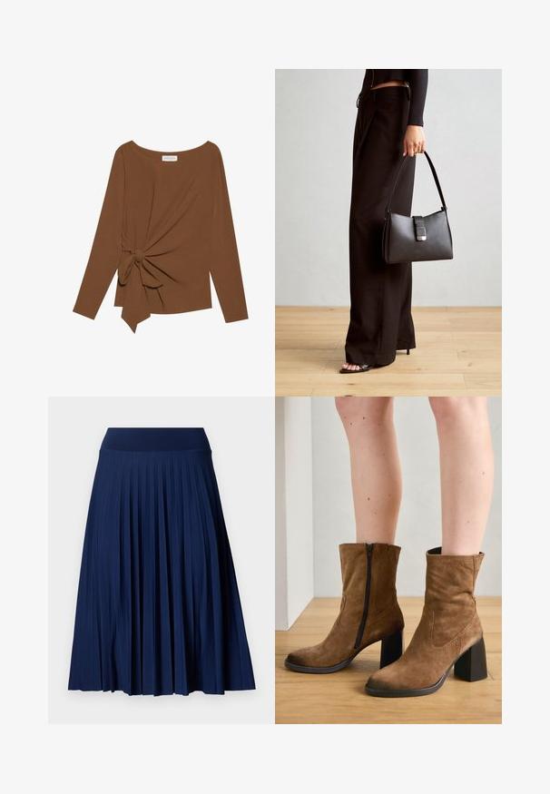 Brown long-sleeve top featuring a wide neckline and a knot detail on one side, made of soft, textured fabric.; Navy pleated skirt with a wide waistband, made from a smooth fabric. Features vertical pleats and falls to mid-calf length.; Brown suede ankle boots with a zip closure, square heels, and a smooth texture, featuring simple stitching along the sides.; Black handbag with structured shape, smooth texture, and a metallic clasp. Paired with wide black pants and open-toe sandals on wooden floor.