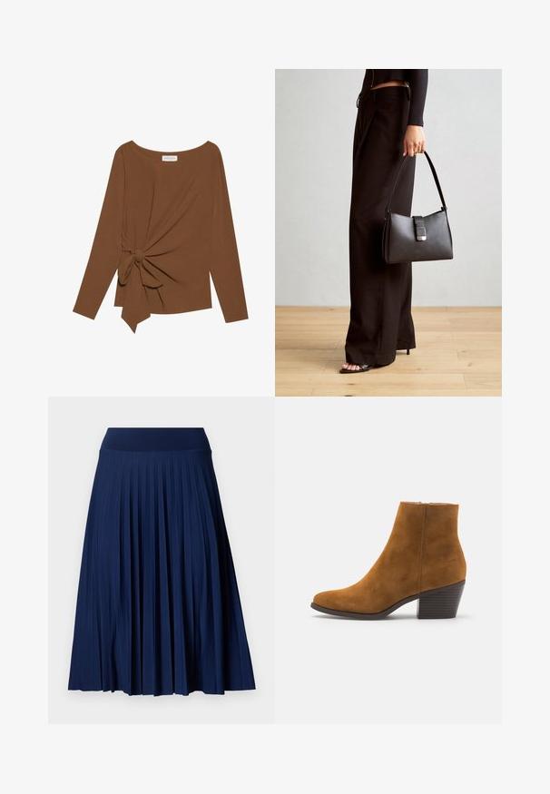 Ruskea pitkähihaisen ylin vaate, jossa on leveä pääntie ja solmukohta toisella sivulla, valmistettu pehmeästä, teksturoidusta kankaasta.; Tummansininen viittihame, jossa on leveä vyötärö. Hame on valmistettu sileästä kankaasta. Siinä on pystysuorat laskokset ja se ulottuu polvitaipeeseen asti.; Ruskean mokka nilkkuri, jossa on terävä kärki ja pinottu korko. Sileä pinta ja sivuvetoketju kiinnitystä varten. Klassinen muotoilu ja rakenne.; Musta käsilaukku, jossa on rakenteellinen muoto, sileä pinta ja metallinen solki. Yhdistetty leveisiin mustiin housuihin ja avonaiheisiin sandaaleihin puulattialla.