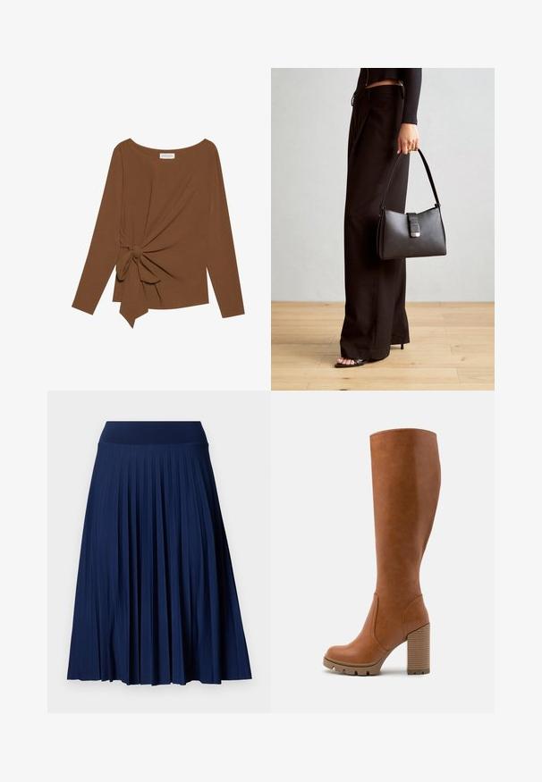 Brown long-sleeve top featuring a wide neckline and a knot detail on one side, made of soft, textured fabric.; Navy pleated skirt with a wide waistband, made from a smooth fabric. Features vertical pleats and falls to mid-calf length.; Anna Field High heeled boots - cognac; Black handbag with structured shape, smooth texture, and a metallic clasp. Paired with wide black pants and open-toe sandals on wooden floor.